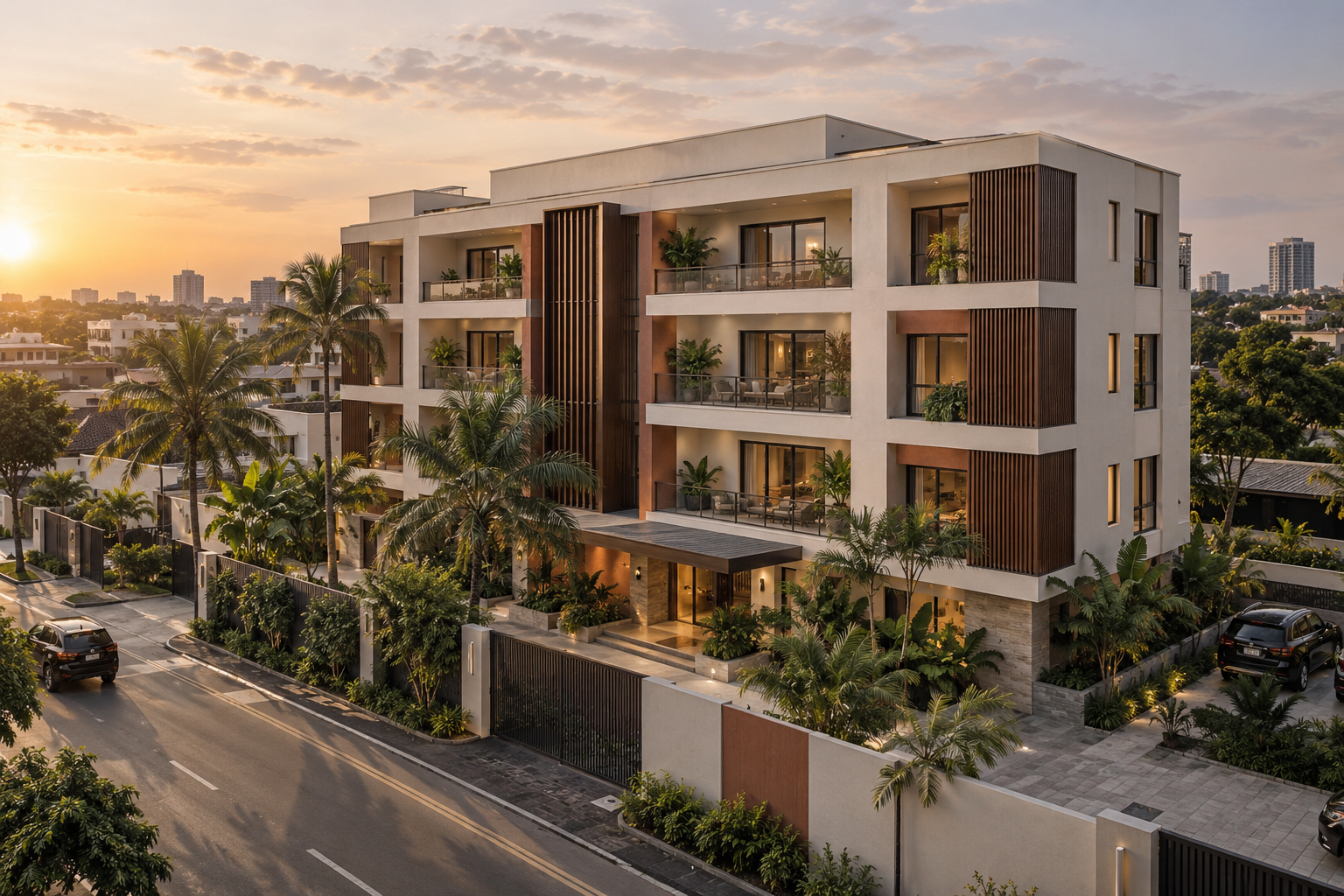 Architectural render of a completed Lagos apartment building with balconies and tropical planting